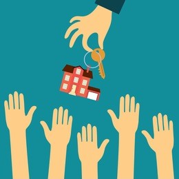 vector real estate concept in flat style - hand real estate agent holding holds a key with a tag in the form of homes, and buyers are pulling your hands. demand and supply