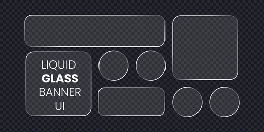 transparent glass shape set. light frame liquid glass, glass panel set for mobile and web app, white ui light frame square and circle banner. hud design element interface,.vector illustration