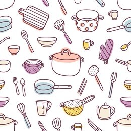 kitchenware and cooking utensils colorful and fun doodle seamless pattern