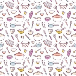 kitchenware and cooking utensils colorful and fun doodle seamless pattern