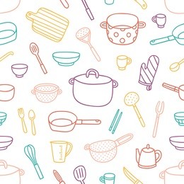 kitchenware and cooking utensils colorful and fun doodle seamless pattern