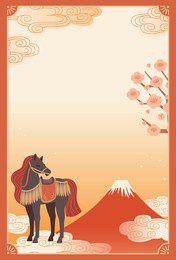 mount fuji and zodiac background, new year's material for the year of the horse, new year's card