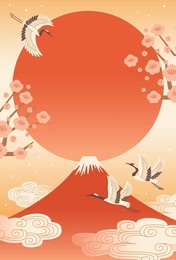mount fuji and crane background, japanese style new year's material, new year's card