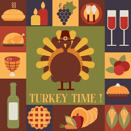 festive turkey surrounded by geometric shapes and thanksgiving elements on a colorful abstract square background. perfect for modern fall banners, invitations, and promotions.