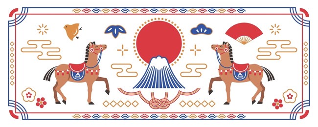 2026 year of the horse japanese style banner with horse and mt. fuji.