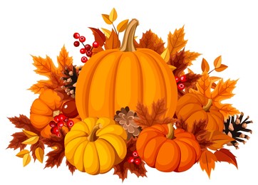pumpkins and autumn leaves isolated on a white background. vector illustration of orange pumpkins and fall leaves. hand-drawn illustration, not ai