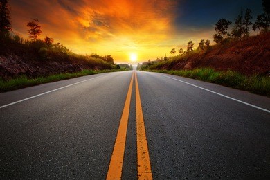 beautiful sun rising sky with asphalt highways road in rural scene use land transport and traveling background,backdrop