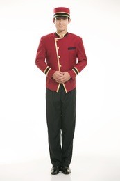 wearing chinese clothing waiter in front of a white background