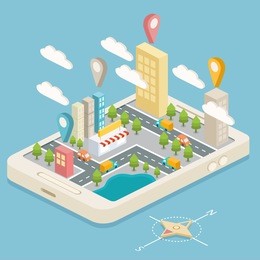 isometric town map with gps navigation