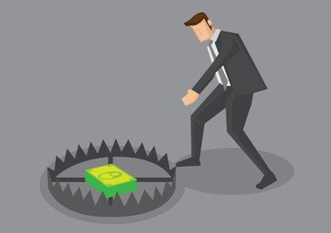 vector cartoon illustration of businessman tempted to reach for money inside trap. creative vector illustration for business concept for greed and money trap.