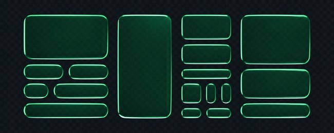 3d green liquid glass buttons with a transparent neon futuristic effect, isolated on dark background. neon liquid glass frame, ui ux elements for phone app or game interfaces. 3d tech digital vector