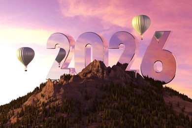 reflective 2026 mirror chrome numbers on a rocky, forested mountain peak against a dramatic pink purple sunset sky with hot air balloons. new year 2026, future, goals. 2026 creative idea