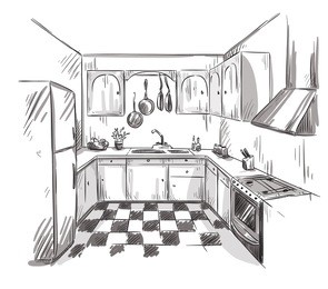 kitchen interior drawing, vector illustration