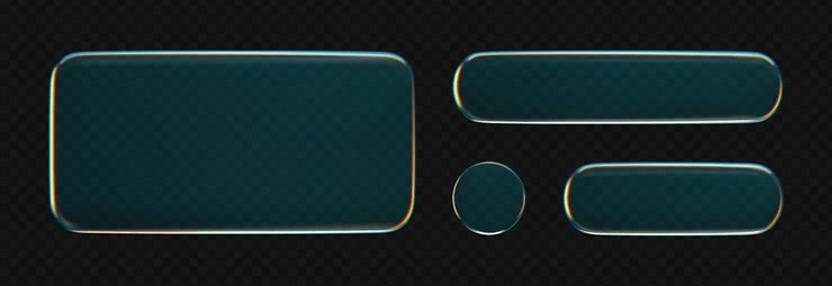 3d liquid glass buttons with a transparent neon holographic effect, isolated on a dark background. render of liquid glass frame, ui ux elements for phone app or game interfaces. 3d tech digital vector