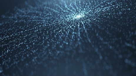 a mesmerizing display of countless glowing particles forming an intricate network against a dark background, creating a sense of depth and connectivity.