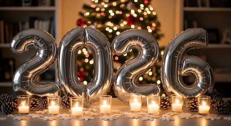elegant indoor new year celebration scene with silver foil balloon 2026 numerals, cozy festive decoration perfect for posters and invitations