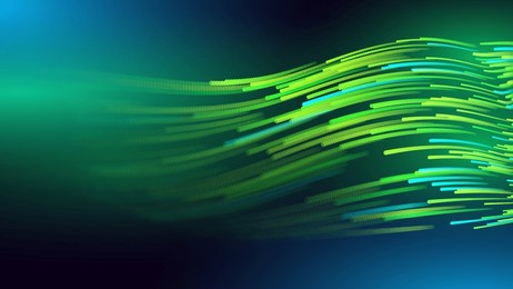 green glowing dots wave lines abstract background. futuristic energy flow, digital tech, data stream design, sustainable renewable energy presentation backdrop. green tech and science vector.