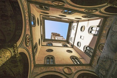 a view from inner yard the uffizi gallery (palazzo vecchio) in florence, italy 