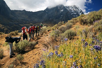 team trekking in cordiliera huayhuash, peru, south america