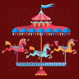 vintage carousel with colorful horses. vector illustration