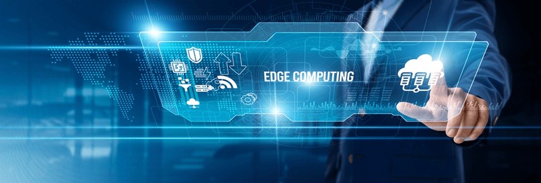 businessman touching edge computing on digital screen, real-time data processing, iot devices, low-latency networks, cloud integration, smart analytics, industrial automation, ai deployment