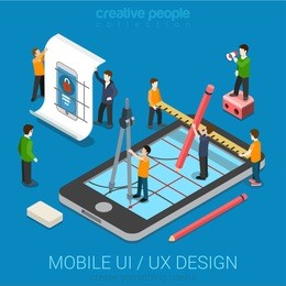 mobile ui / ux design web infographic concept flat 3d isometric vector. people creating interface on phone tablet. user interface experience, usability, mockup, wireframe development concept.