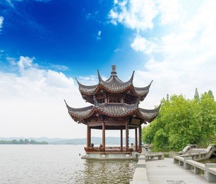 ancient pavilion on the west lake in hangzhou,china
