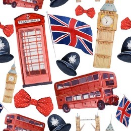 watercolor london pattern. seamless texture with hand drawn elements: red phone booth, big ben clock, flag of great britain, helmet of policeman, bow tie with polka dot, policeman helmet, red bus