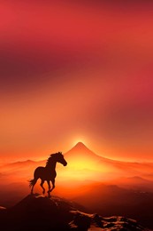 sunrise over mount fuji and horse silhouette, year of the horse image