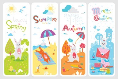 four lovely seasonal banners with cute rabbit and inspirational text in vector for stickers, bookmarks and different kinds of childish accessories. vertical orientation. spring, summer, autumn, winter