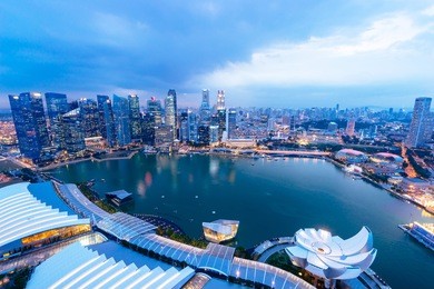 singapore view with urban skyscrapers at night.