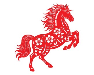 chinese red paper cut horse. floral zodiac animal art design