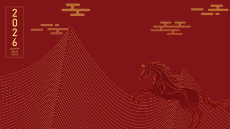 minimalist oriental line art horse illustration with red maroon background gold mountain waves and cloud elements for lunar new year 2026 celebration banner and festive holiday greeting design
