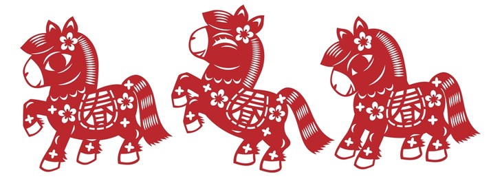 a set of three red chinese paper-cut horses year of the horse in adorable poses : prancing, jumping, and bowing. the classical style is lively and festive for lunar new year decorations and banners.