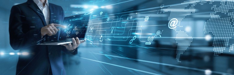 technician using laptop analyzing and development 5g technology systems. ultra-fast network solutions connecting smart devices, global communication, innovation, mobility, connectivity.