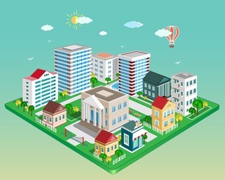 flat 3d isometric city. set of detailed colorful vector buildings and trees. 