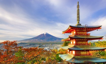 mt. fuji with chureito pagoda at sunrise in autumn, fujiyoshida, japan