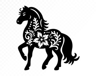 folk floral ornamental horse with paper-cut botanical motifs, swirling decorative accents and elegant cut-out silhouette details inspired by traditional folk artwork for creative themed projects