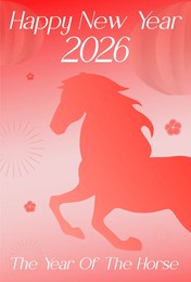 illustration of a running horse silhouette symbolizing the year of the horse 2026. designed in a vibrant red new year theme with floral and festive asian decorations.