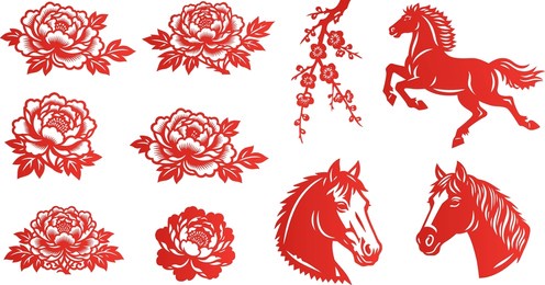 this red paper-cut style horse and peony flower element set is perfect for diy crafts, scrapbooking, digital stickers, or cultural design projects.