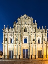 the ruins of st paul church, which only consists in of its main facade, in macau are one of the city main landmark. taken at sunset with a wide angle lens.