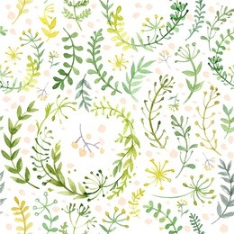 pattern of flowers and grasses painted with watercolors on white background. green leaves and flowers on a white background. vector
