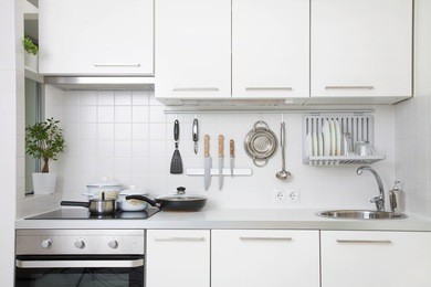 modern kitchen at home with kitchenware