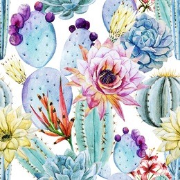watercolor, cactus, pattern, flowers, prickly, pattern, background