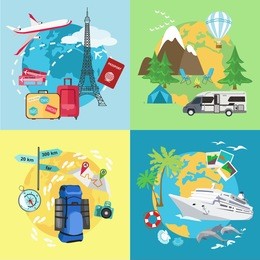 air tourism. caravaning and camping tourism. mountain tourism. water tourism with ship. different types of travelling. flat style design. vector illustration