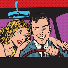 man and woman in the car family pop art comics retro style halftone. imitation of old illustrations. imitation vintage illustrations. buy transport