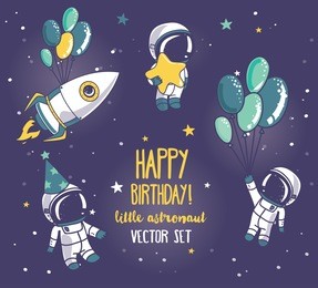 set of cute astronauts and rocket in space for birthday party in cosmic style, vector illustration
