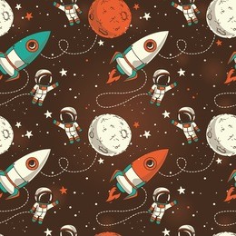 seamless background with cute doodle astronauts, planets, rockets and stars, retro style,  vector illustration