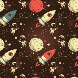 seamless background with cute doodle astronauts, planets, rockets and stars, retro style,  vector illustration