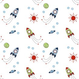 seamless baby pattern. many small colored  rockets, stars and planets  on white background. vector illustration.